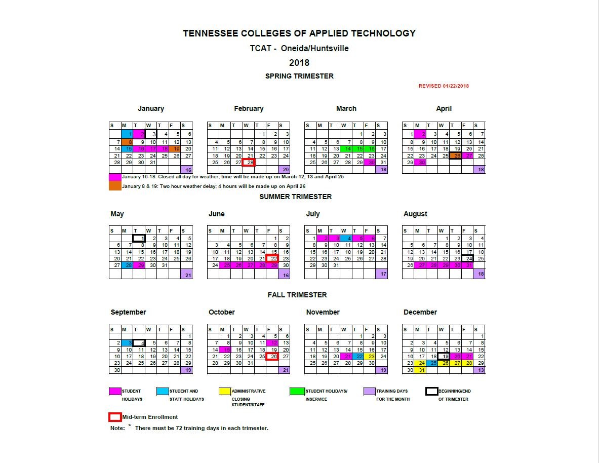 Academic Calendar TCAT Oneida